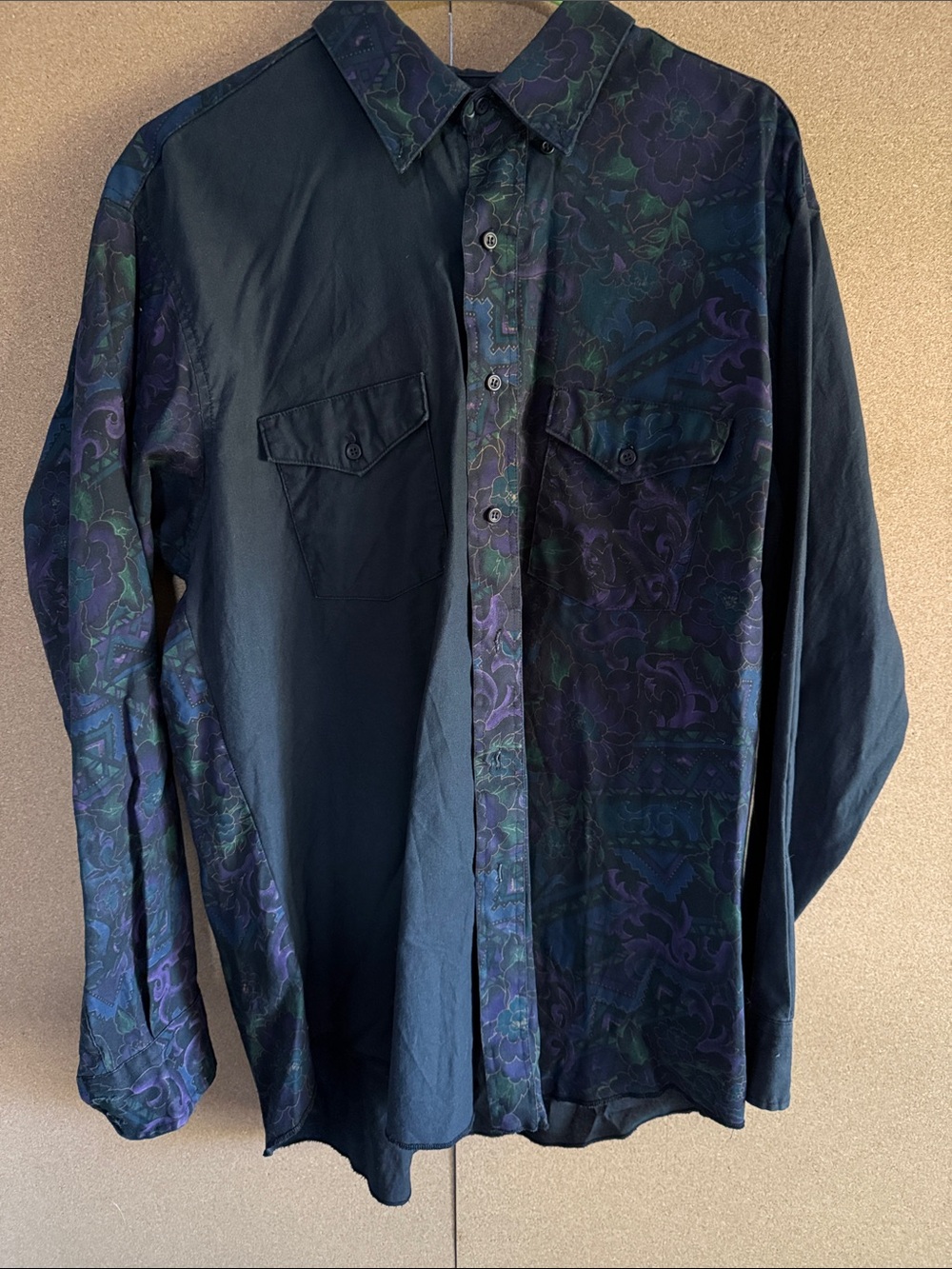 Wrangler Black Long-Sleeve Button-Down with Purple & Green Paisley Accents